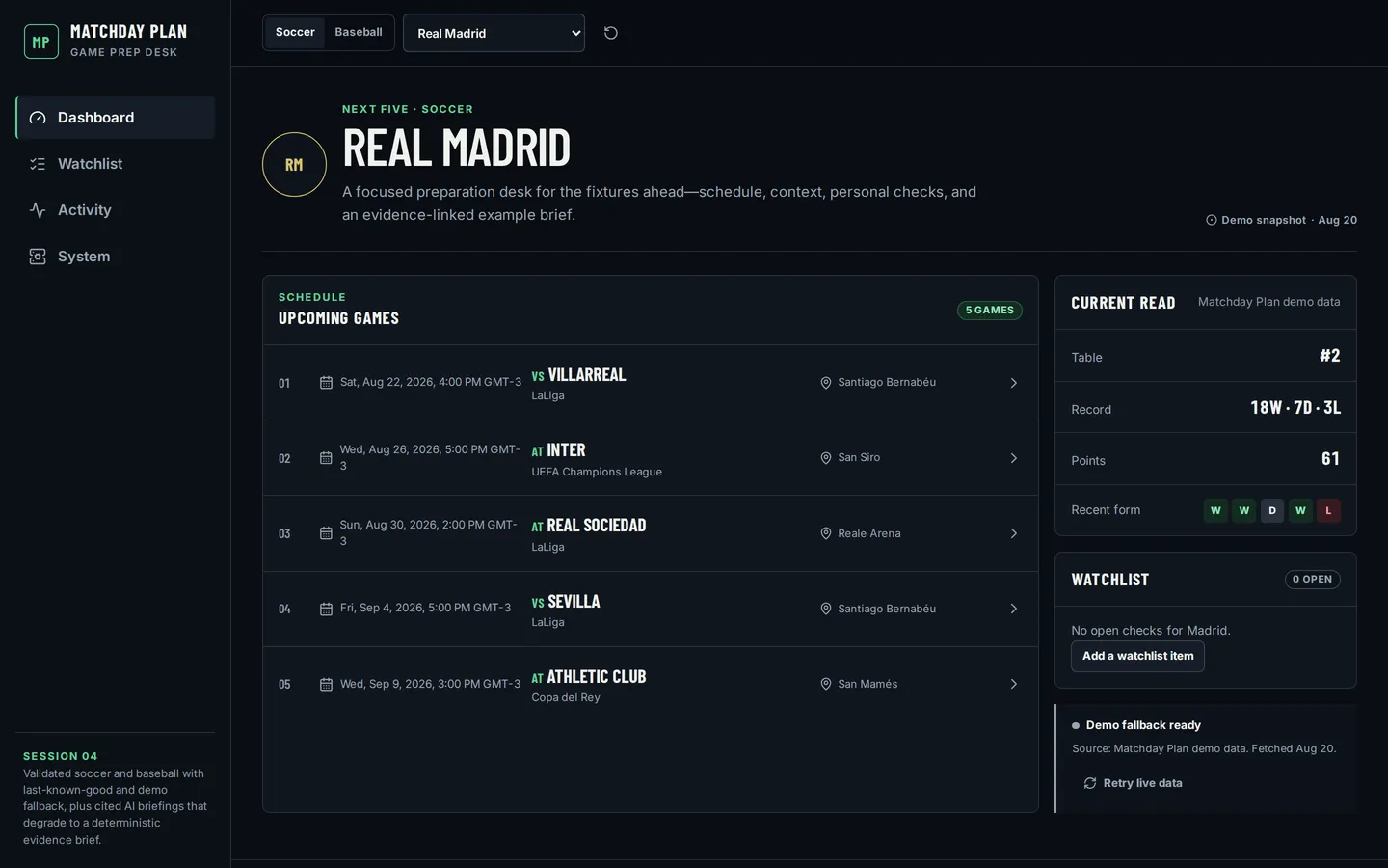 Matchday Plan dashboard captured in deterministic demo mode